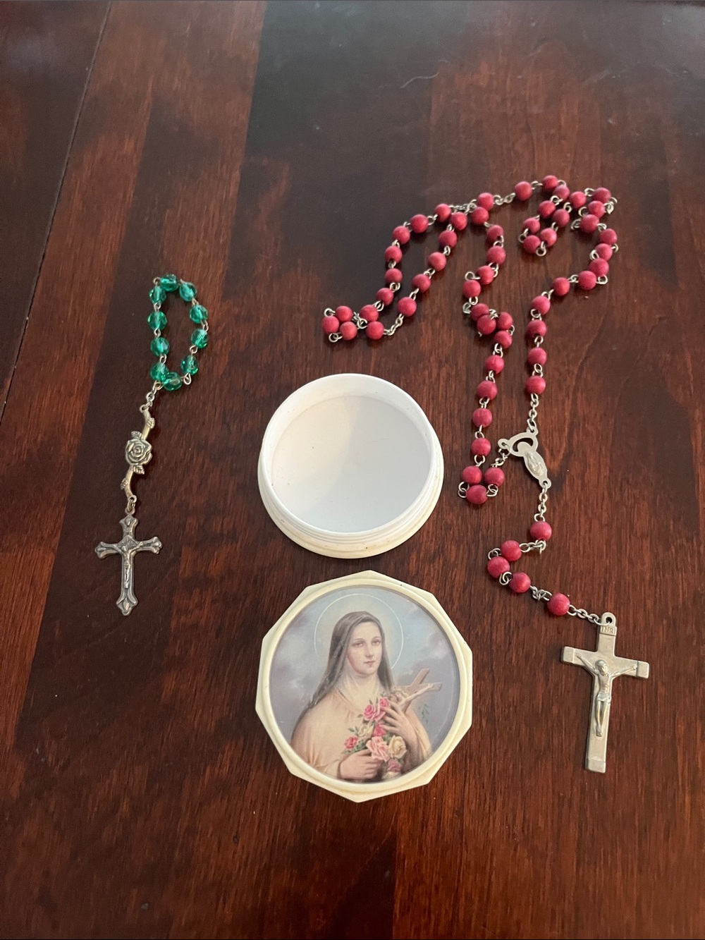Rosary Beads Set with Saint Medallion and Small Trinket Box